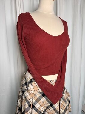 Topshop Ribbed Scoop-Neck Long Sleeve Top - Brick Red